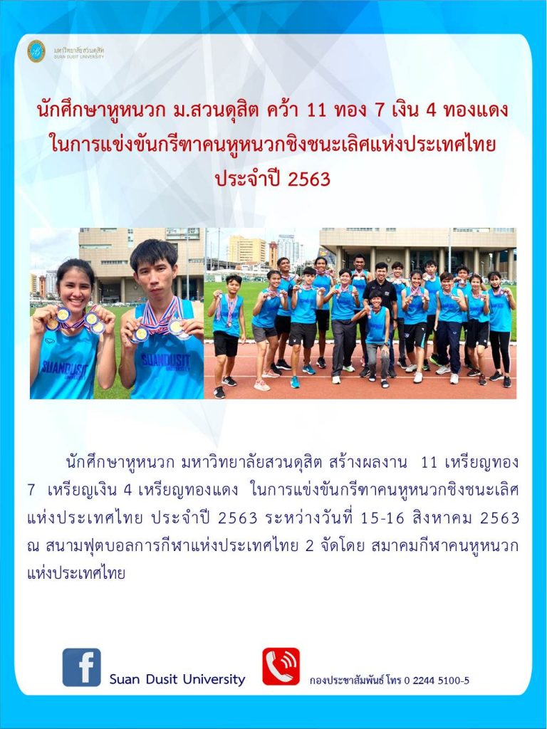 นักศึกษาหูหนวก ม.สวนดุสิต คว้า 11 ทอง 7 เงิน 4 ทองแดง ในการแข่งขันกรีฑาคนหูหนวกชิงชนะเลิศแห่งประเทศไทย ประจำปี 2563