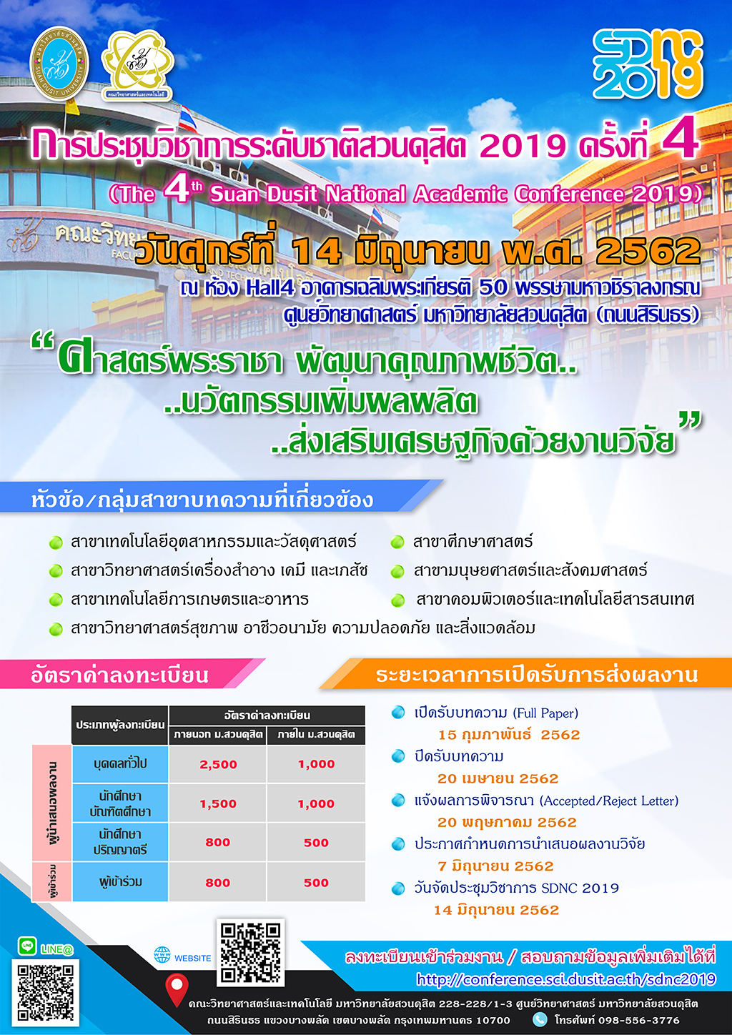 ขอเชิญร่วมส่งผลงานวิจัย “การประชุมวิชาการระดับชาติสวนดุสิต 2019 ครั้งที่ 4”