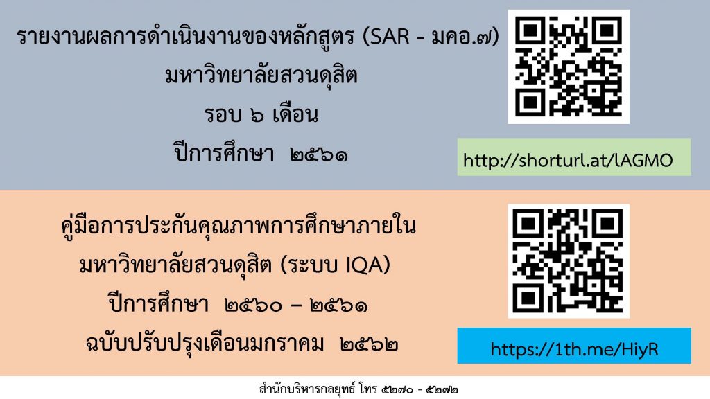 รายงานผลการดำเนินงานของหลักสูตร (SAR-มคอ.7) มหาวิทยาลัยสวนดุสิต รอบ 6 เดือน ปีการศึกษา2561 และคู่มือการประกันคุณภาพการศึกษาภายใน มหาวิทยาลัยสวนดุสิต (ระบบ IQA) ปีการศึกษา 2561 ฉบับปรับปรุงเดือนมกราคม 2562