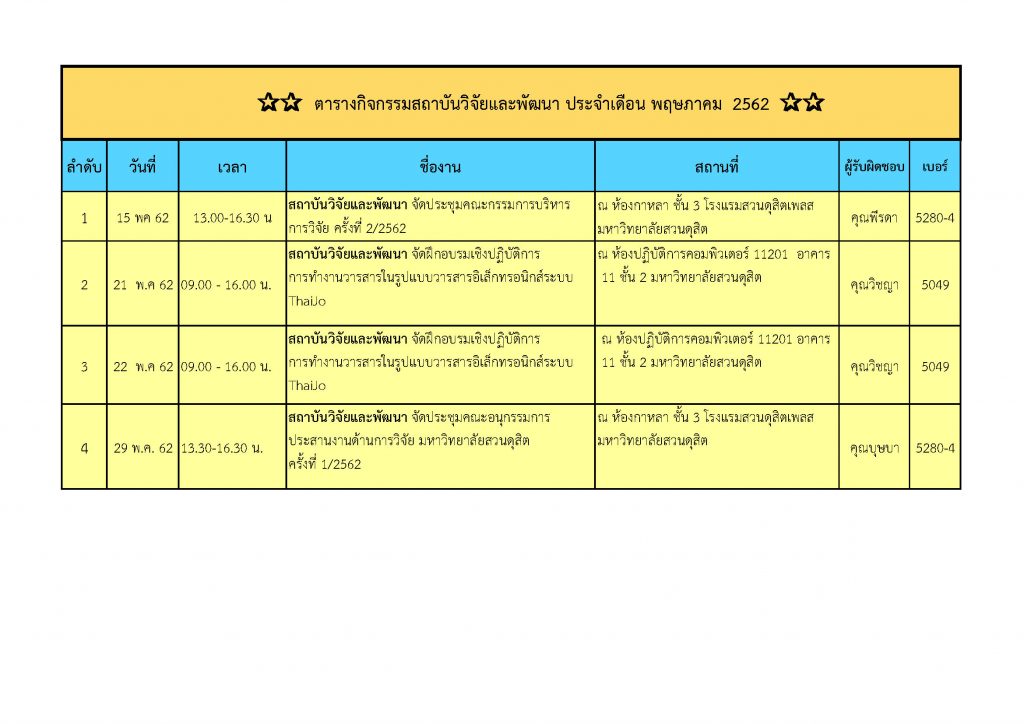 ตารางกิจกรรมสถาบันวิจัยและพัฒนา ประจำเดือน พฤษภาคม 2562