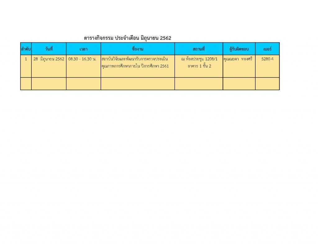 ตารางกิจกรรม สถาบันวิจัยและพัฒนา ประจำเดือน มิถุนายน 2562