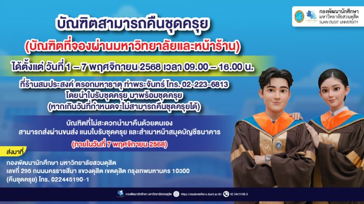 บัณฑิตสามารถคืนชุดครุย (บัณฑิตที่จองผ่านมหาวิทยาลัยและหน้าร้าน)