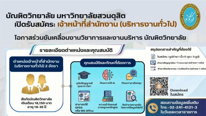 บัณฑิตวิทยาลัย มหาวิทยาลัยสวนดุสิต มีความประสงค์จะรับสมัครและคัดเลือก เป็นลูกจ้างของมหาวิทยาลัย ตำแหน่งเจ้าหน้าที่สำนักงาน (บริหารงานทั่วไป) สังกัดบัณฑิตวิทยาลัย จำนวน 2 อัตรา