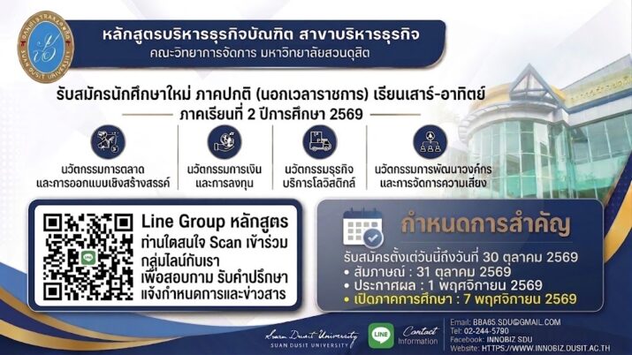 หลักสูตรบริหารธุรกิจบัณฑิต สาขาบริหารธุรกิจ คณะวิทยาการจัดการ มหาวิทยาลัยสวนดุสิต รับนักศึกษาใหม่เทอม 2 ปีการศึกษา 2569 ในหลักสูตรนอกเวลาราชการ (เรียน เสาร์-อาทิตย์) รับสมัครตั้งแต่วันนี้ถึง 30 ตุลาคม 2569