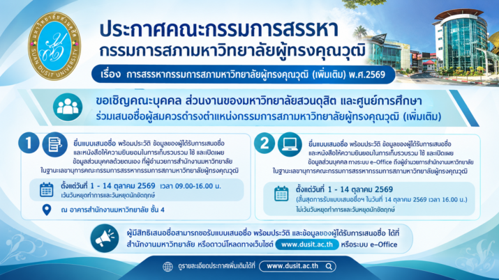 ประกาศคณะกรรมการสรรหากรรมการสภามหาวิทยาลัยผู้ทรงคุณวุฒิ เรื่อง การสรรหากรรมการสภามหาวิทยาลัยผู้ทรงคุณวุฒิ (เพิ่มเติม) พ.ศ.2569 เปิดรับการเสนอชื่อ ตั้งแต่วันที่ 1 – 14 ตุลาคม 2569