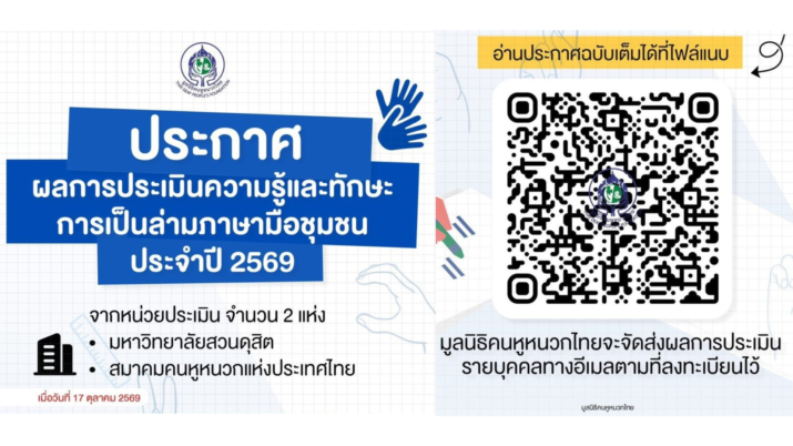📢 ประกาศมูลนิธิคนหูหนวกไทย เรื่อง ผลการประเมินความรู้และทักษะการเป็นล่ามภาษามือชุมชน เพื่อการจดแจ้งเป็นล่ามภาษามือชุมชน ประจำปี 2569