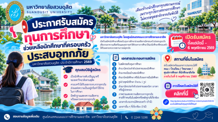 มหาวิทยาลัยสวนดุสิต เปิดรับสมัครทุนการศึกษาช่วยเหลือนักศึกษาที่ครอบครัวประสบอุทกภัย ประจำปีการศึกษา 2569